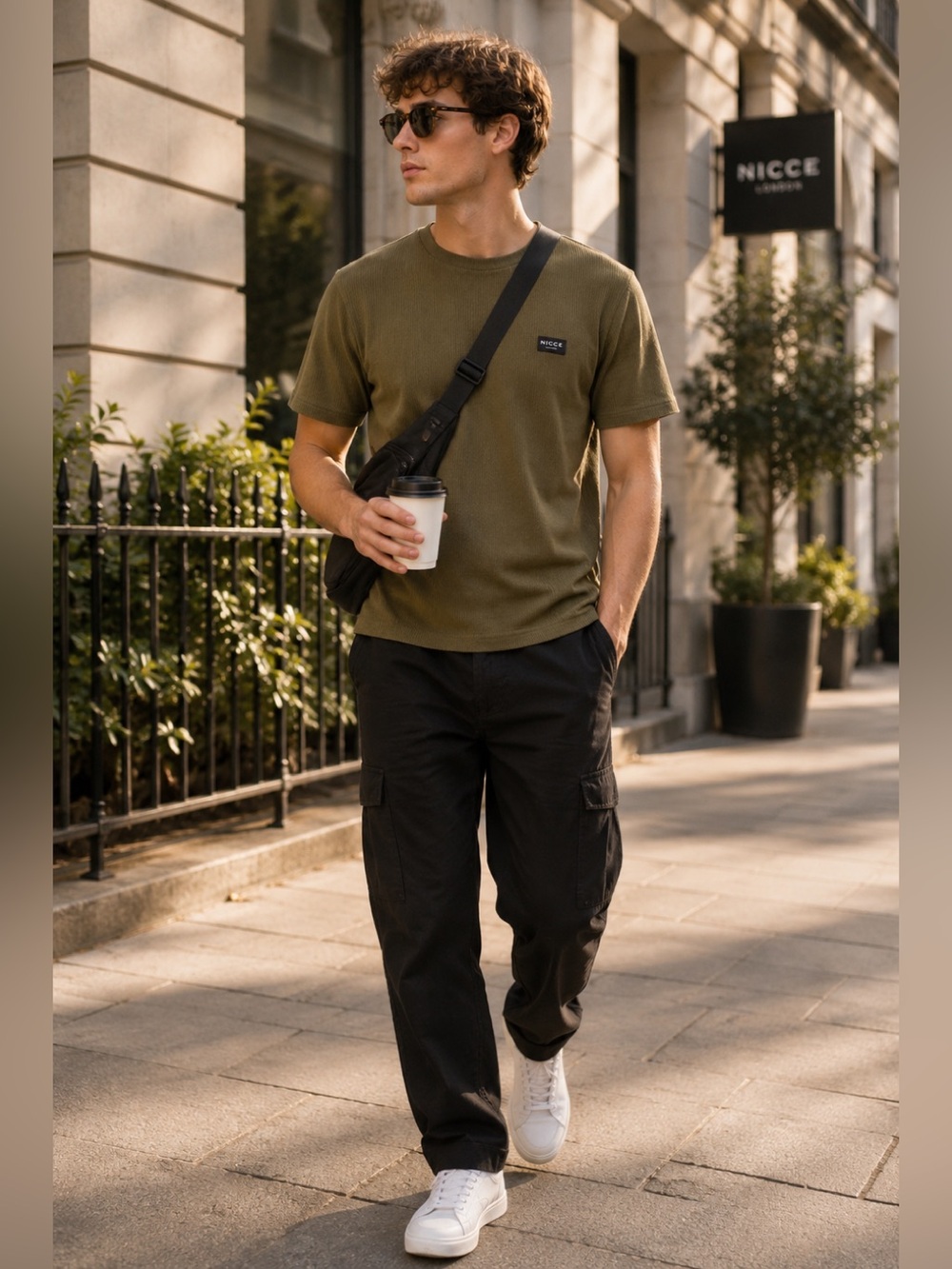 Nicce Olive Green Waffle Knit T-Shirt Medium Textured Crew Neck Minimalist Tee